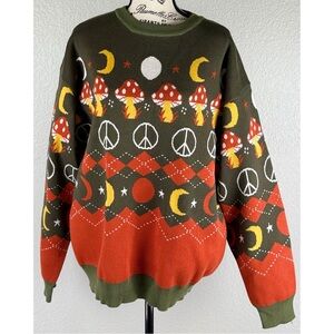 Earthbound Trading Co Womens Olive and Orange Mushroom Peace Sign Sweater Medium